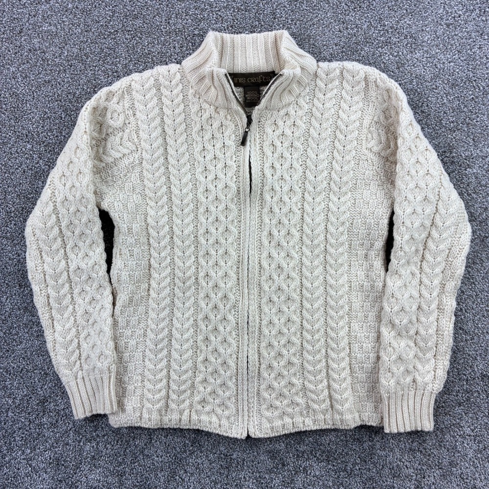 Vintage Inis‎ Crafts Cardigan Sweater Women's M Ivory Fisherman 100% Merino Wool